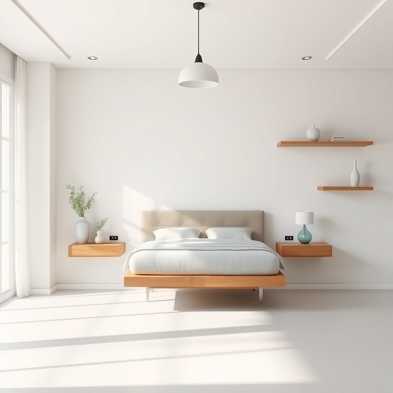 Bedroom with wall-mounted shelves and floating nightstands