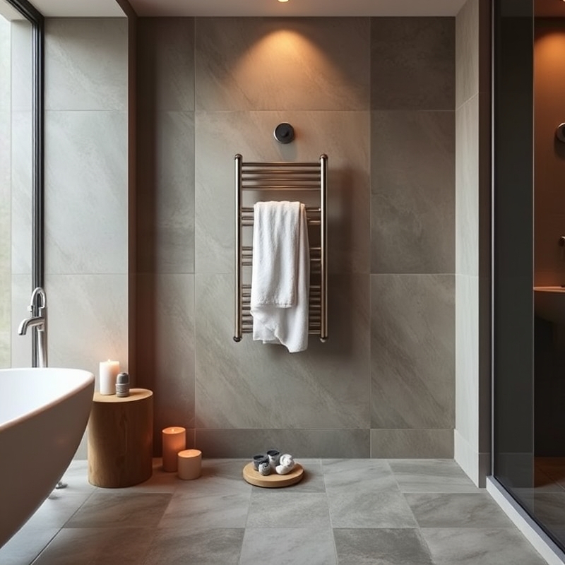 wall mounted towel warmer with fluffy white towels in bathroom