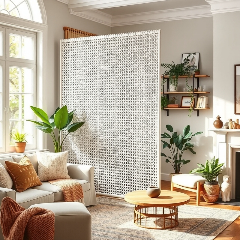 White wicker room divider in a living room