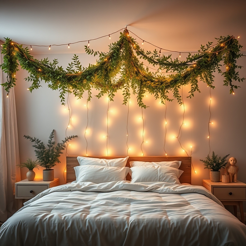 bedroom with canopy of string lights and faux greenery above bed
