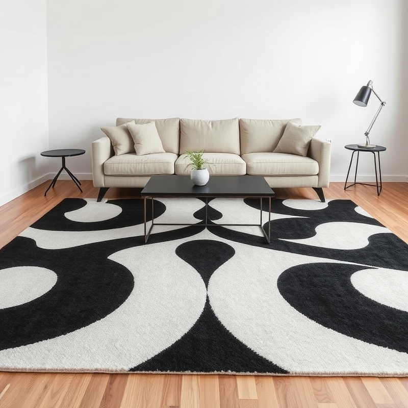 large geometric patterned rug under a neutral sofa
