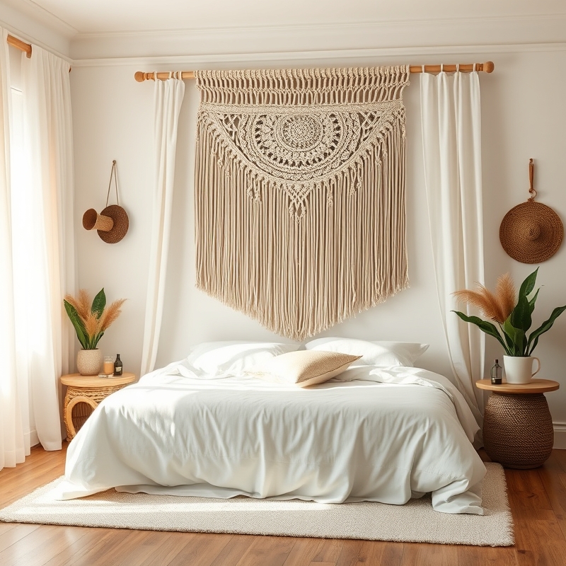 macrame wall hanging above a bed with white bedding