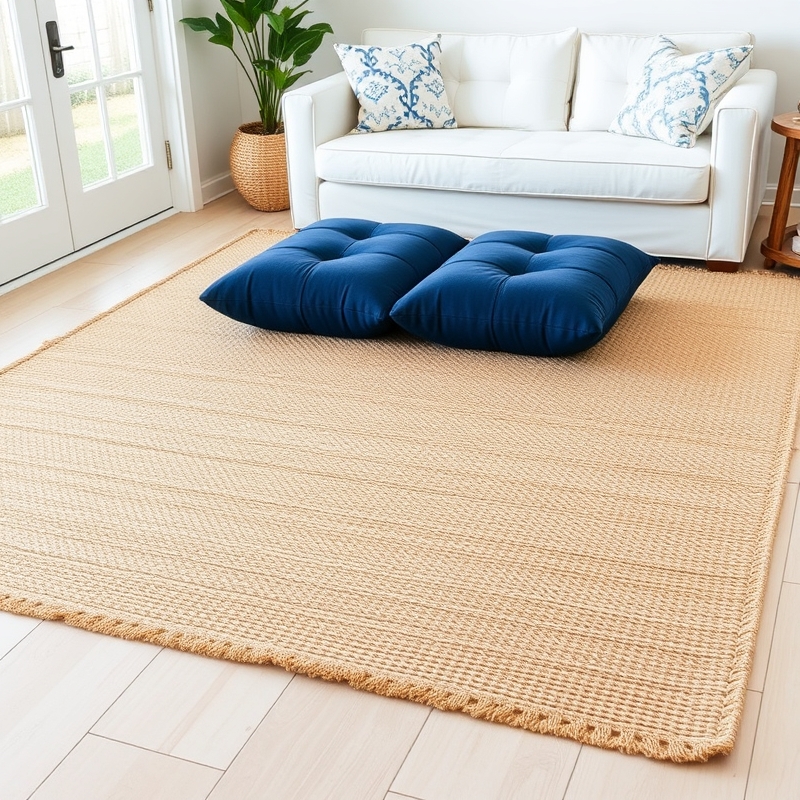 navy blue floor pillows in coastal living room