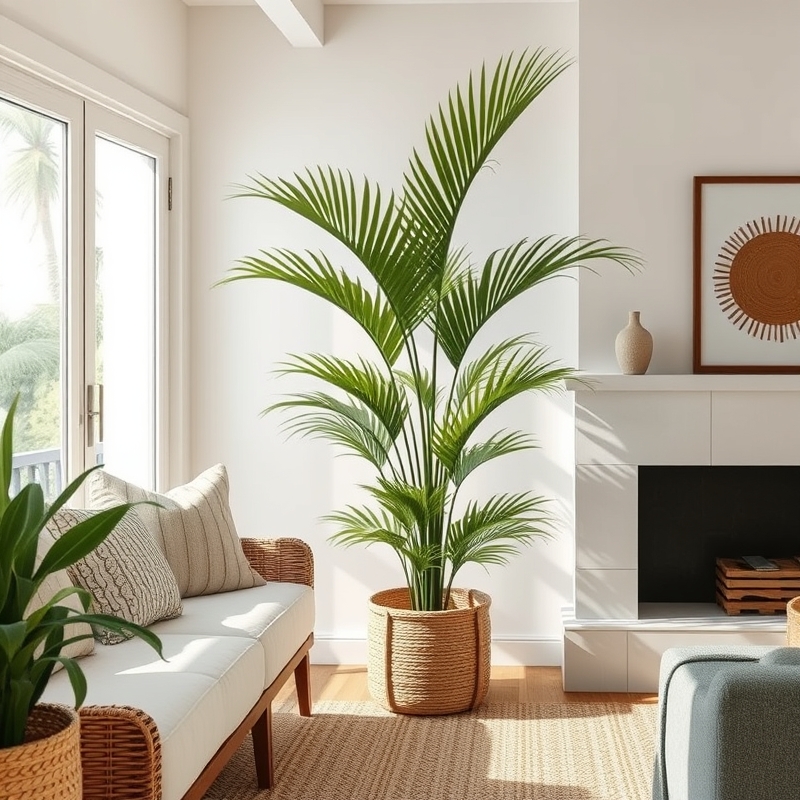 tall potted palm in woven basket in coastal living room