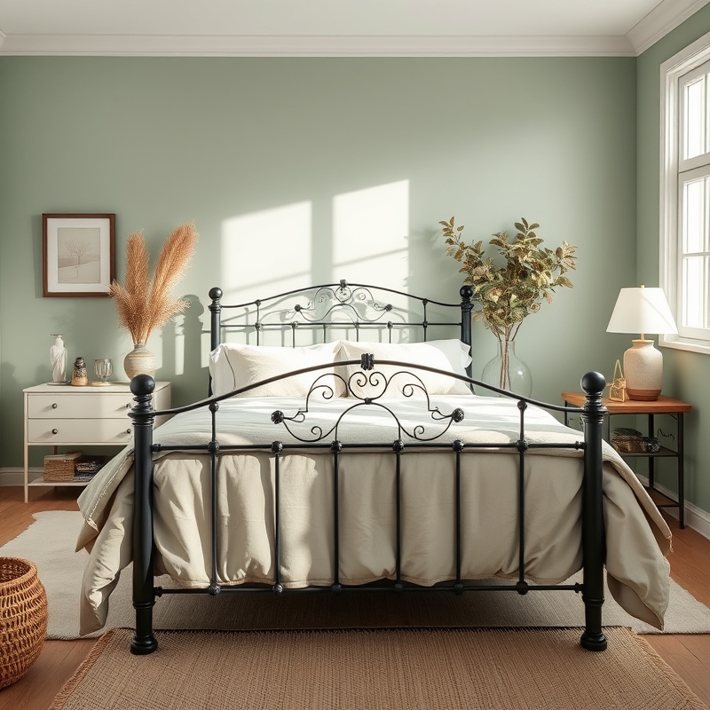 sage green bedroom with black iron bed