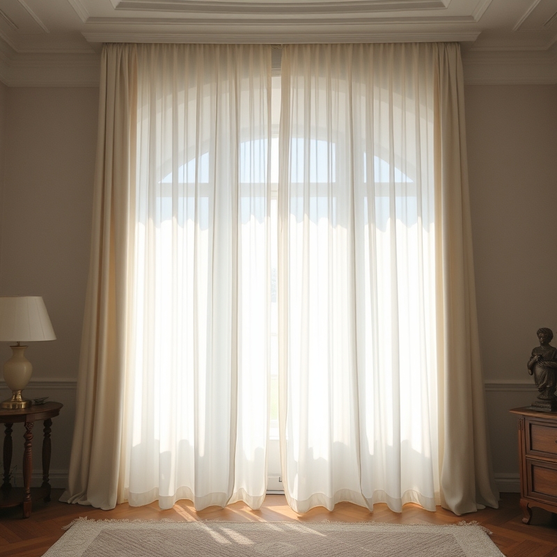 bedroom with white sheer floor-length curtains filtering sunlight