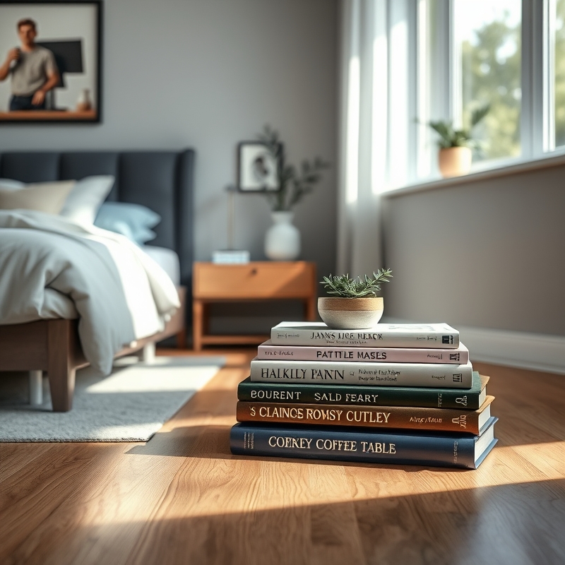 stack of coffee table books on a bedroom floor