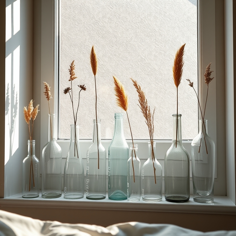 A collection of different clear glass bottles on a sunny windowsill