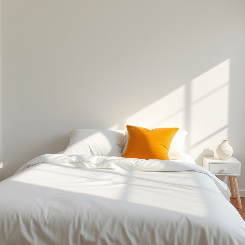 bed with a bright yellow or orange throw pillow on white bedding