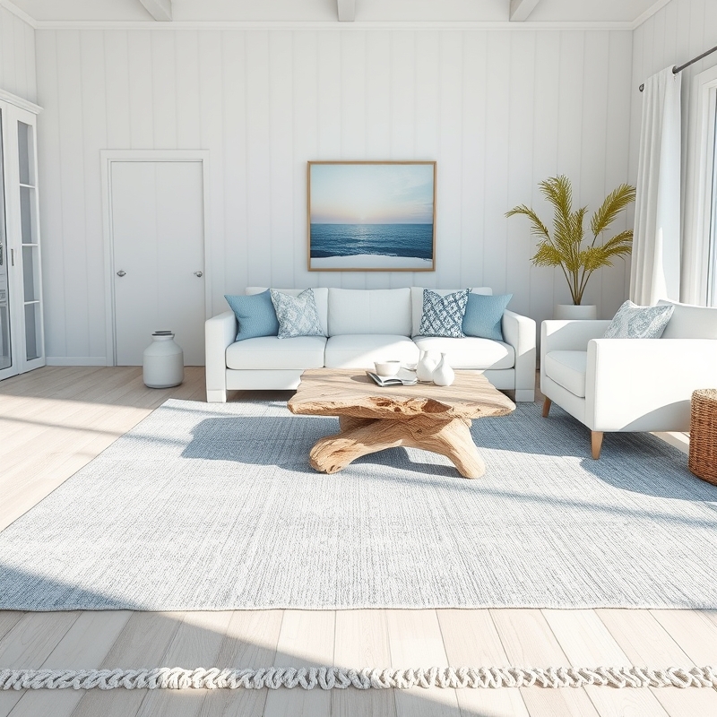 pale blue area rug in coastal living room