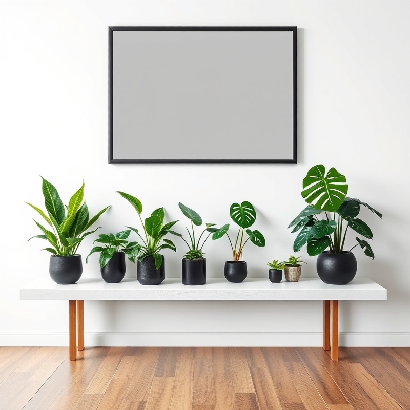 long white console table with various green plants in black pots