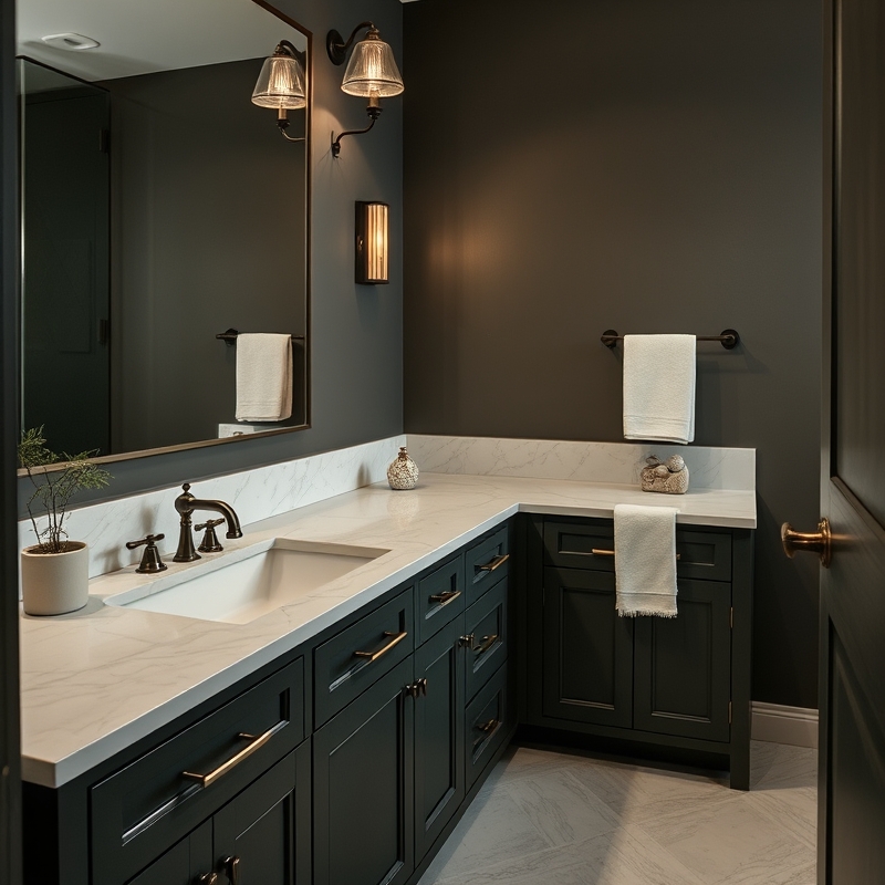 dark pine green cabinets with marble counters in a bathroom