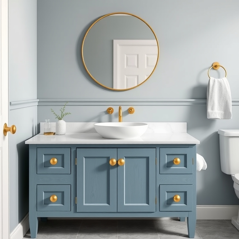 Dusty blue painted bathroom vanity with brass hardware