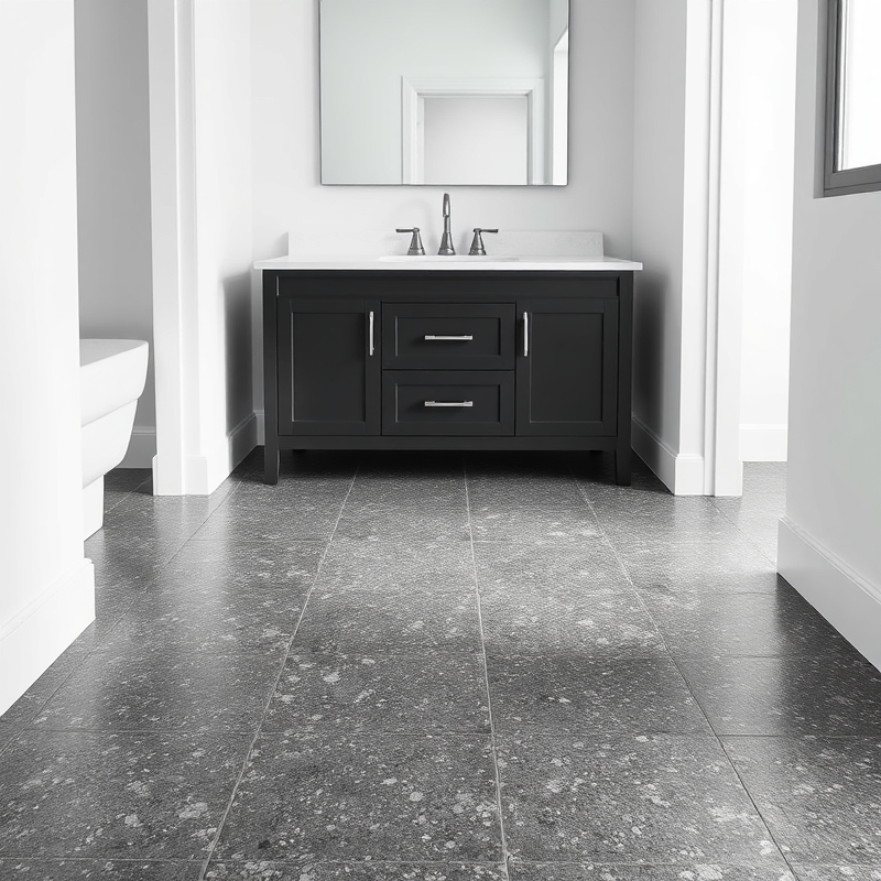 dark terrazzo bathroom floor with soft gray veins