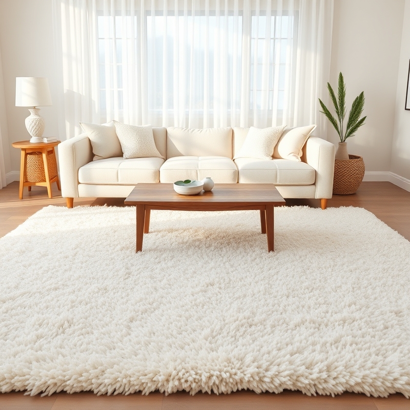 Off-white wool rug under sofa in living room