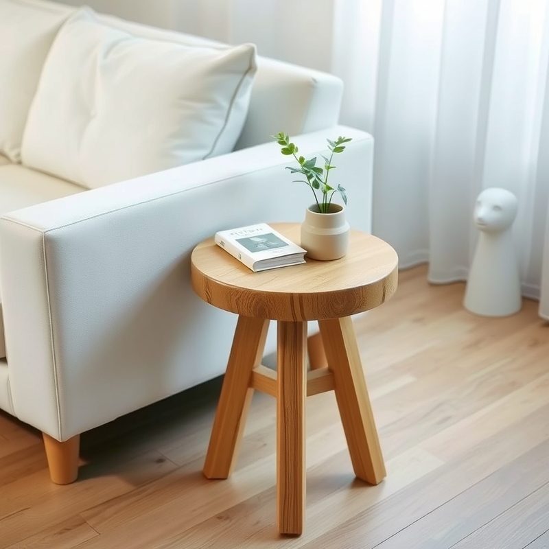 small round wooden stool used as a side table next to a sofa