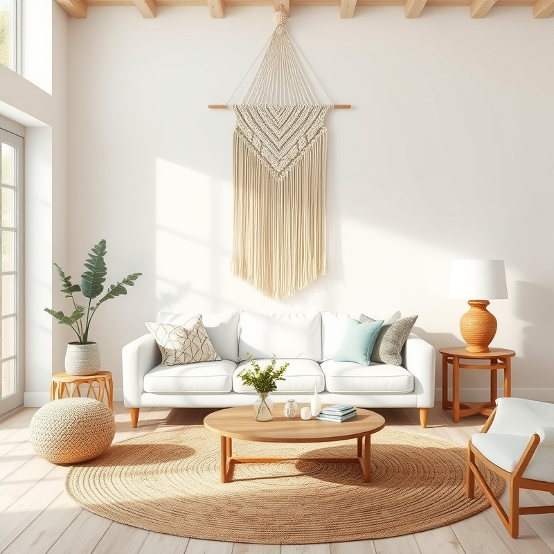 macrame wall hanging in coastal living room