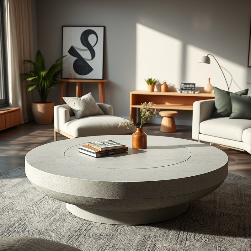 round concrete coffee table in minimalist living room