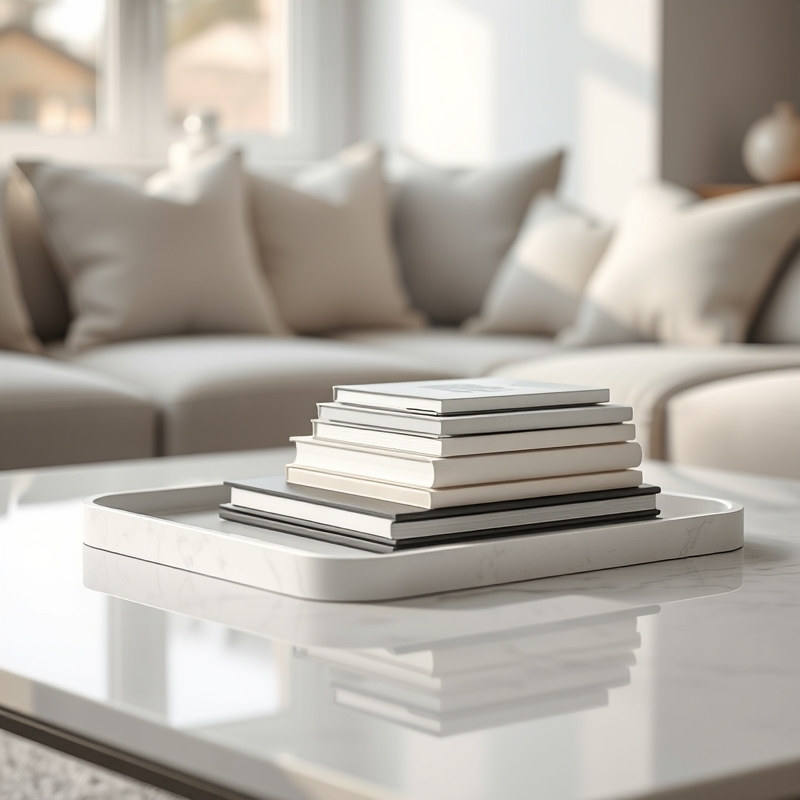 stack of neutral coffee table books on a white marble tray on coffee table