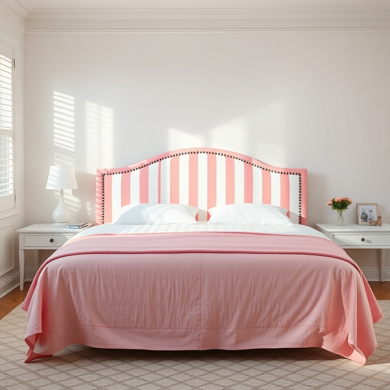 Pink and white striped headboard on a bed