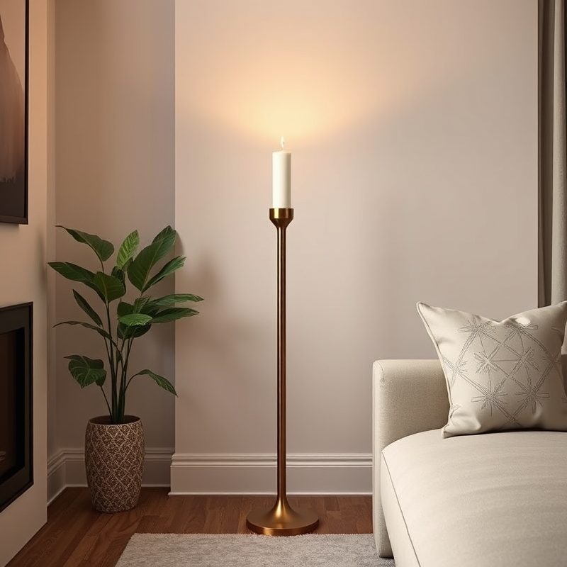 tall brushed brass floor candle holder with candle in living room corner