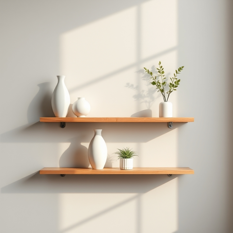 floating shelf with white ceramic vases and small green plant