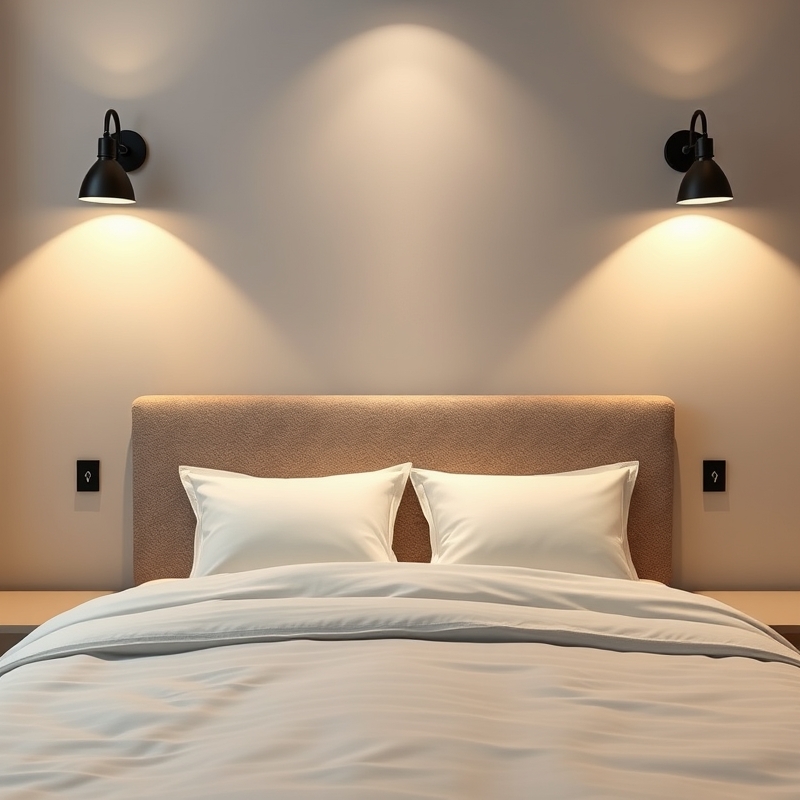 Modern black wall sconces mounted on either side of a bed