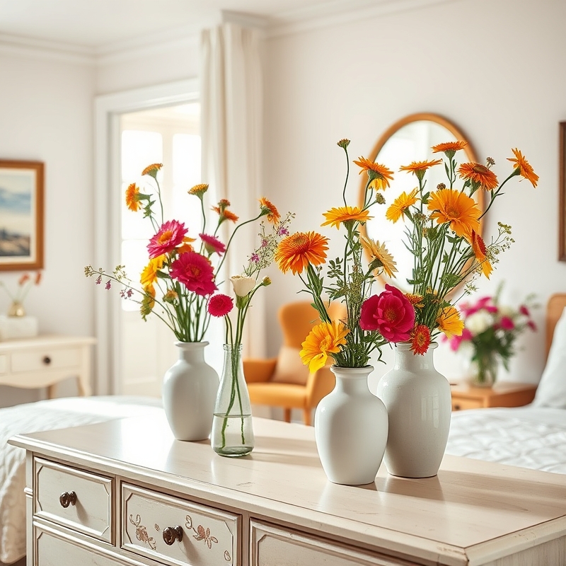 bedroom with ceramic vases of bright wildflowers on dresser