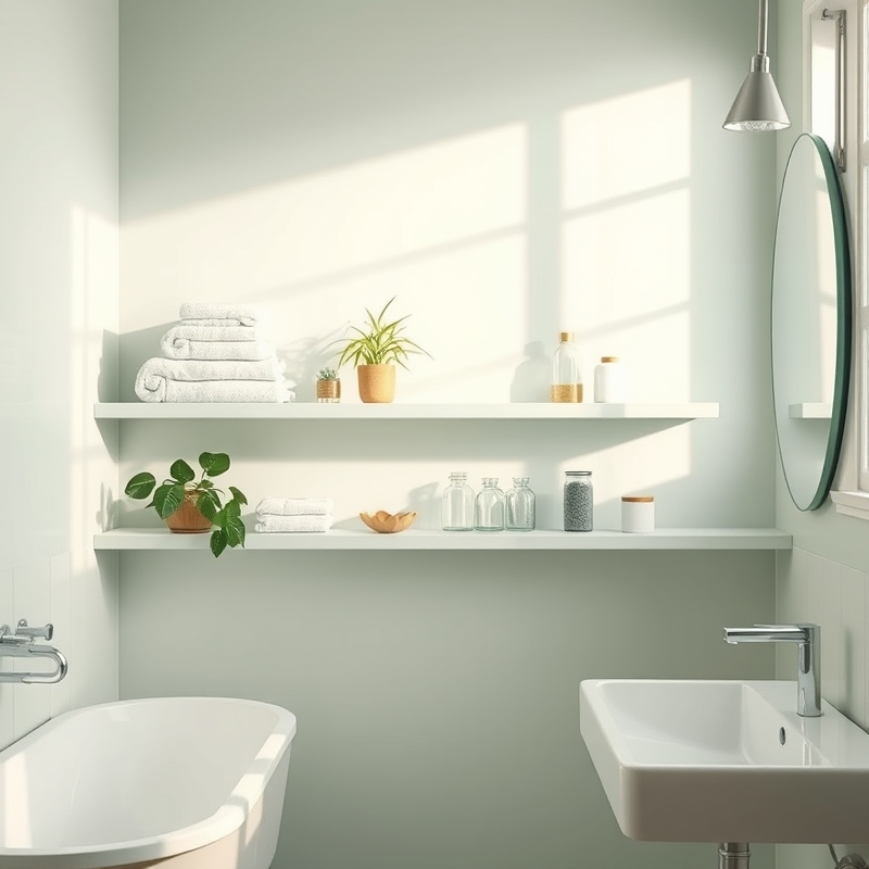 pale green floating shelves in a bathroom