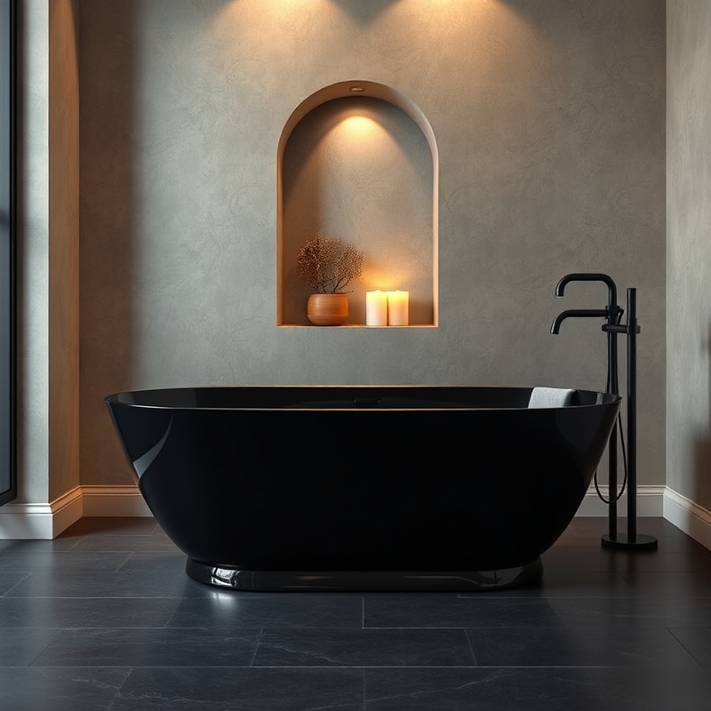 high gloss black freestanding bathtub on dark tile floor