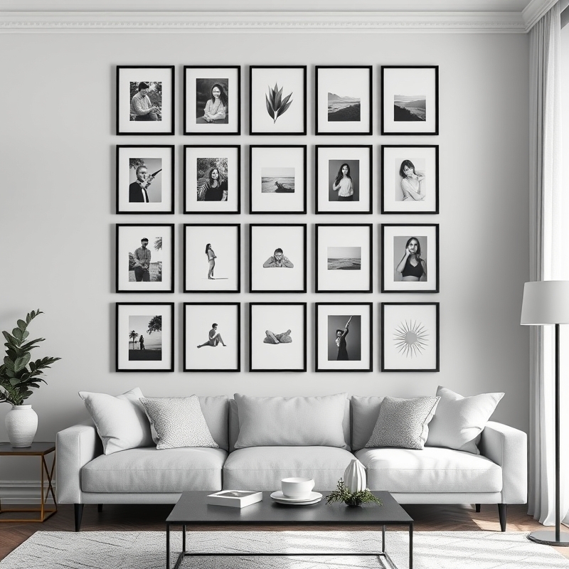 grid of black and white photo frames displayed on a living room wall