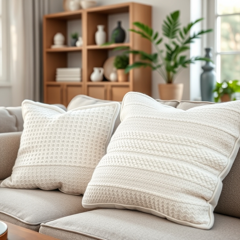 White textured throw pillows on a sofa