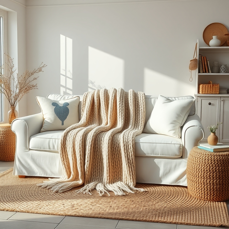 chunky knit oatmeal blanket on coastal sofa