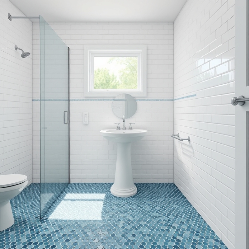 Ocean blue penny round mosaic tile bathroom floor