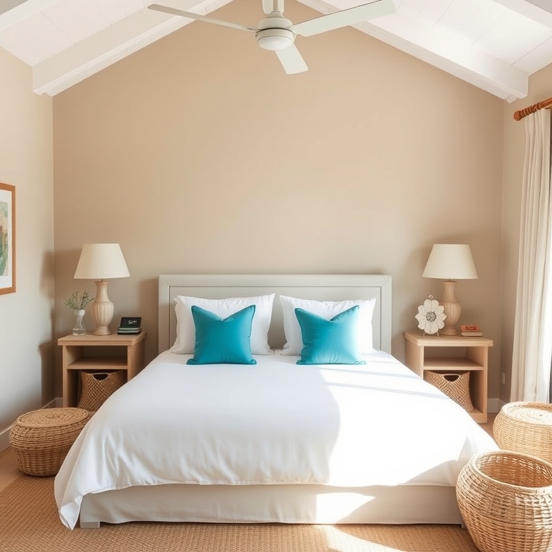 sandy beige bedroom with turquoise accents