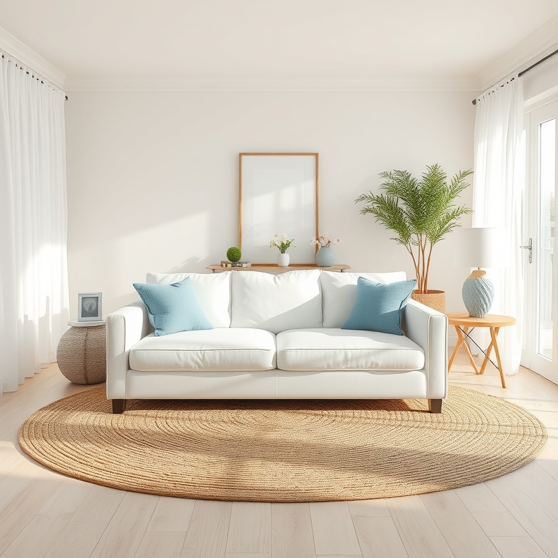 white sofa on natural jute rug in coastal living room