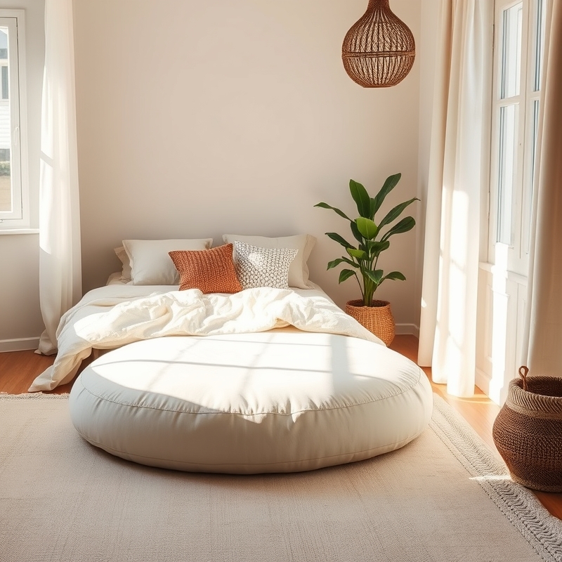 large floor cushion in a corner of a bedroom