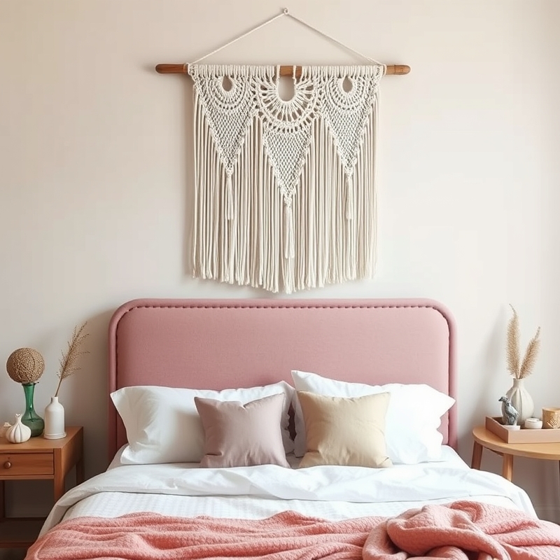 Macrame wall hanging above a pink headboard