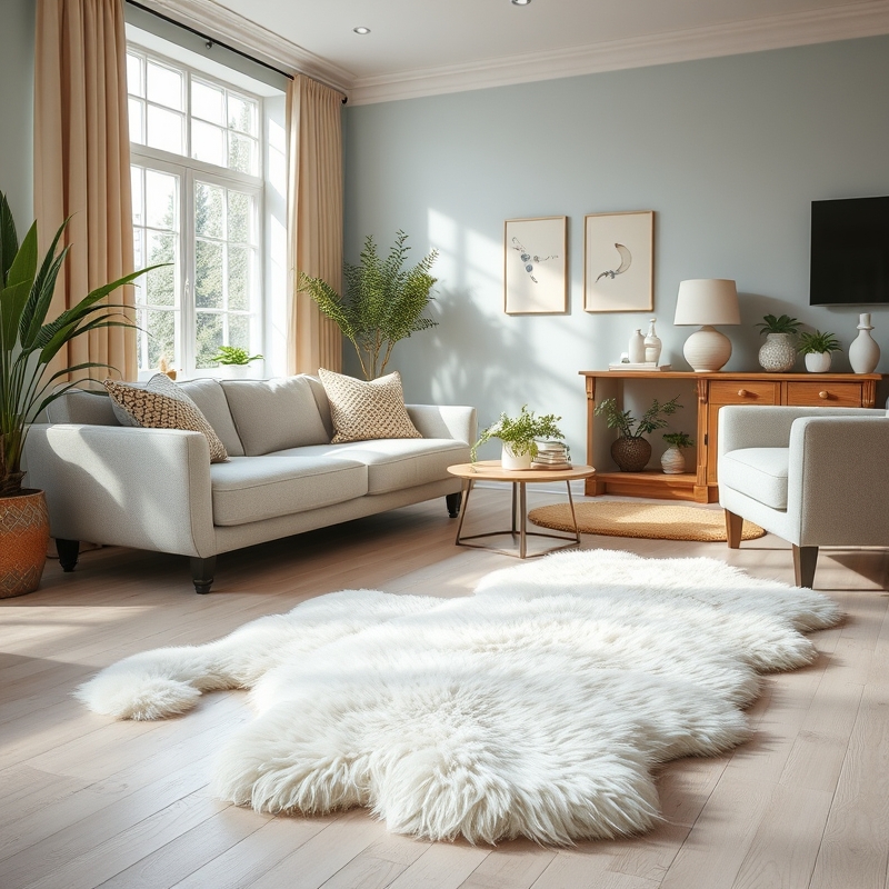 Fluffy white sheepskin rug in a living room