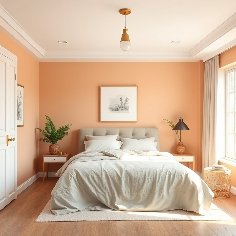 peach colored bedroom with gold accents