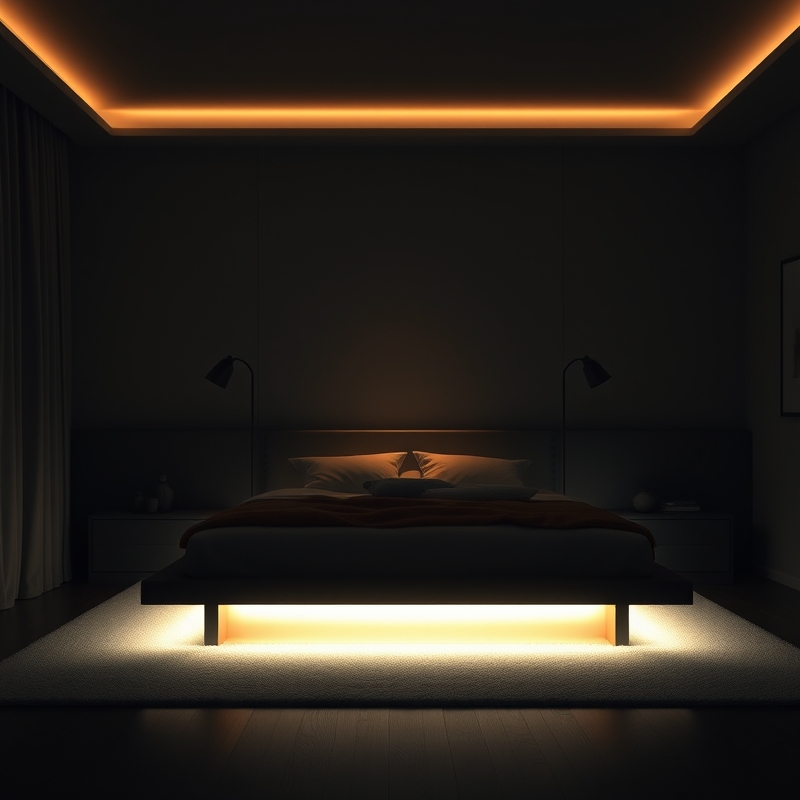 Soft light glowing from under a platform bed at night