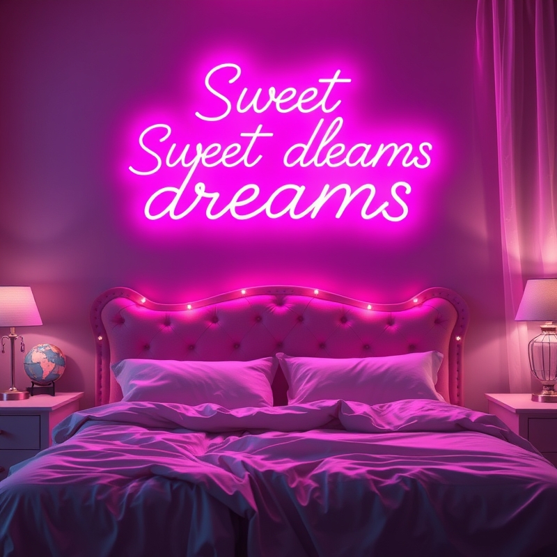 Neon pink sweet dreams sign above a bed