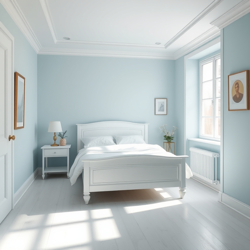 pale sky blue bedroom with white furniture