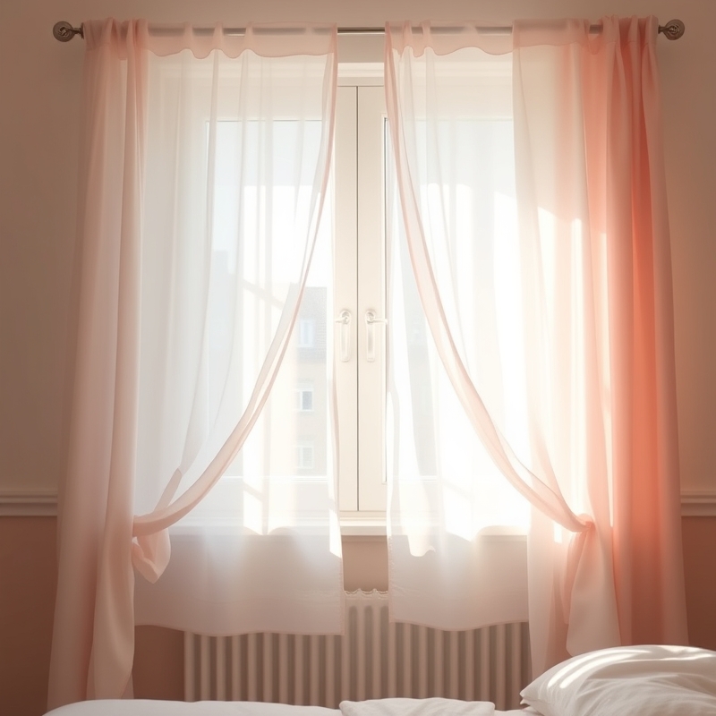 Sheer white and blush curtains in a bedroom