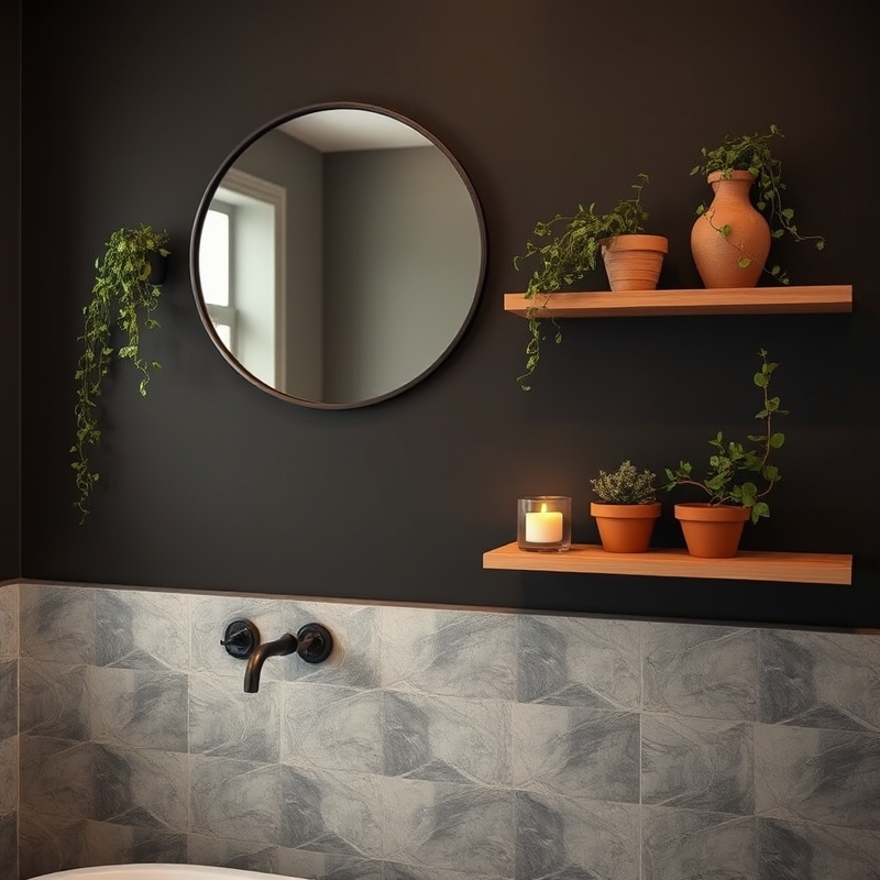 black wrought iron shelves with plants in dark bathroom