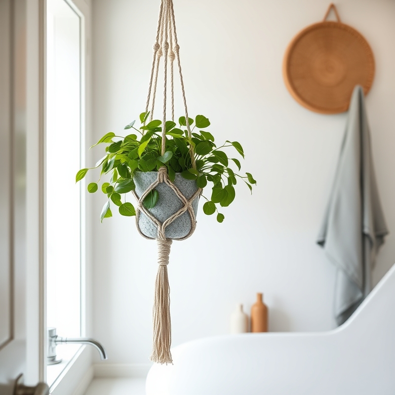 macrame plant hanger with trailing plant in bright bathroom corner