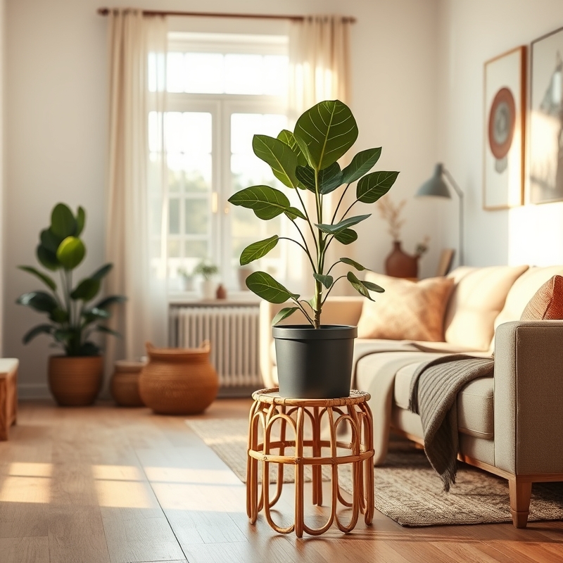 Rattan stool holding a potted plant in living room