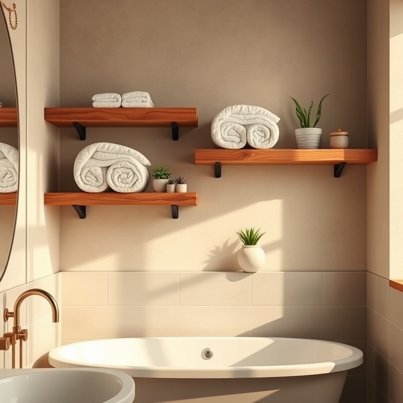 open shelves in bathroom with neatly rolled towels