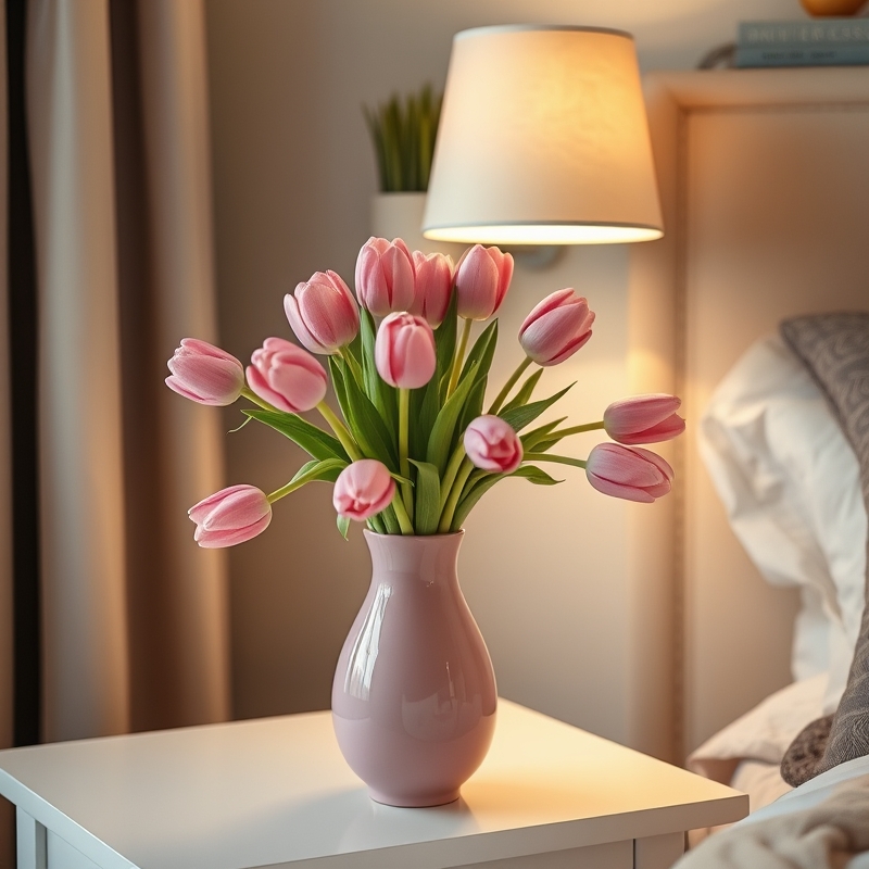 Pink ceramic vase with fresh tulips on a nightstand
