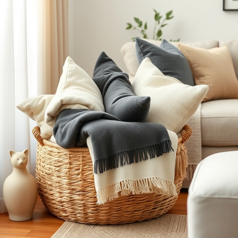 large woven storage basket filled with rolled throws and pillows in living room